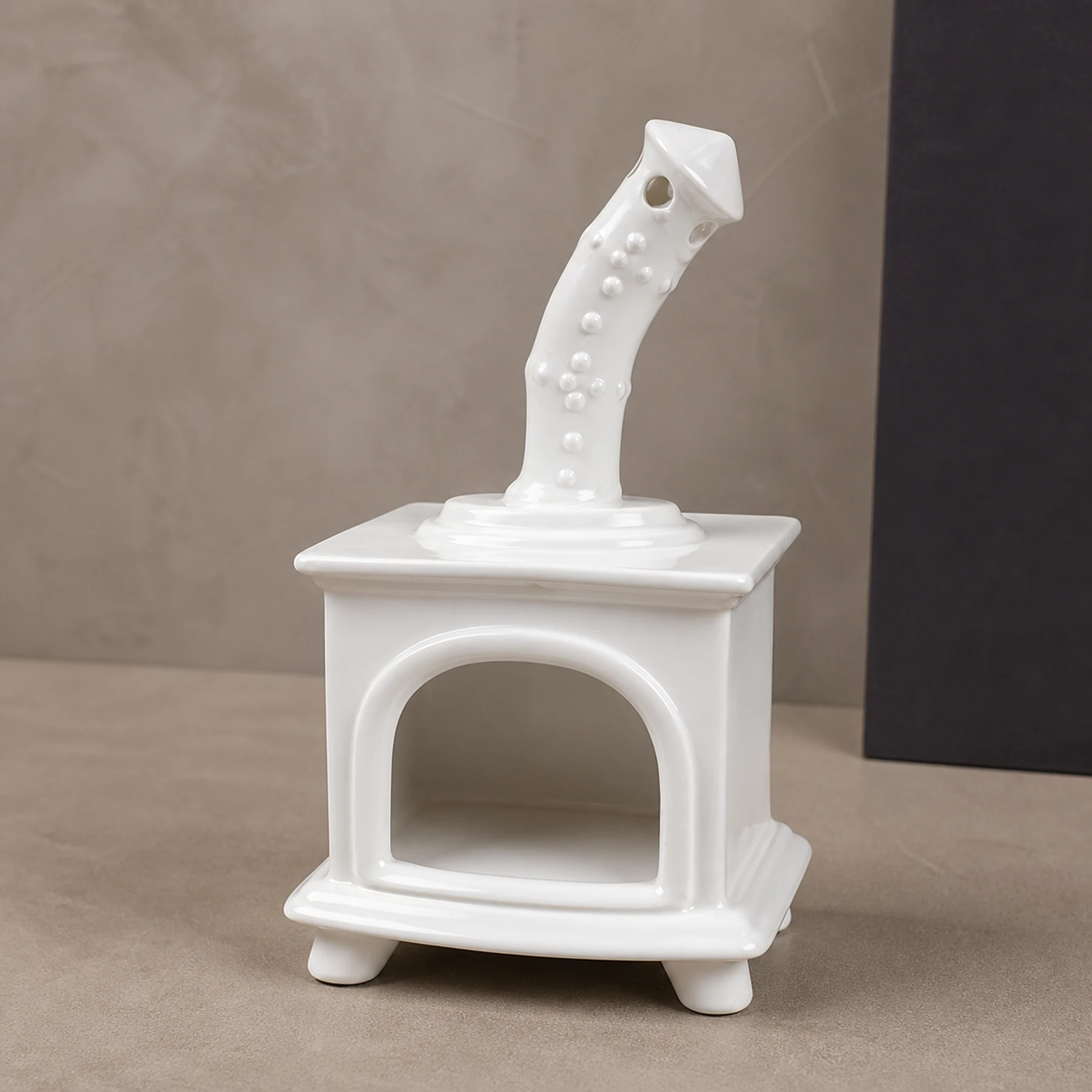 White ceramic fireplace incense holder clean three-quarter view