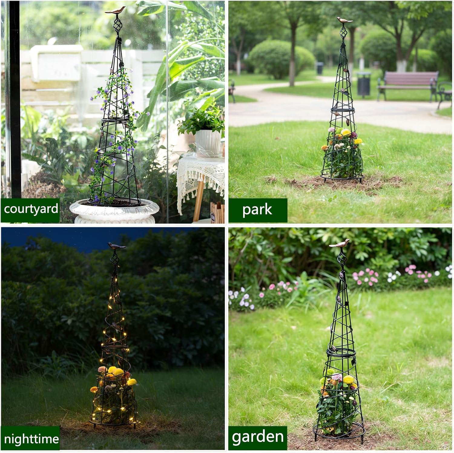 40.5in Metal Garden Obelisk with Bird & Leaf Decor-MOUGIGI