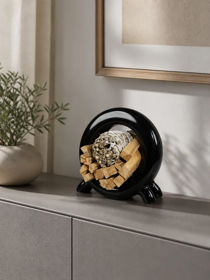 Glossy Black Ceramic Palo Santo & Sage Storage Holder styling idea 3