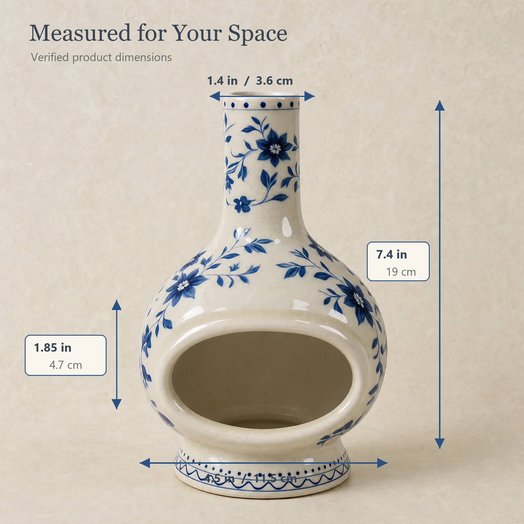 Blue floral cream ceramic Palo Santo holder verified dimensions