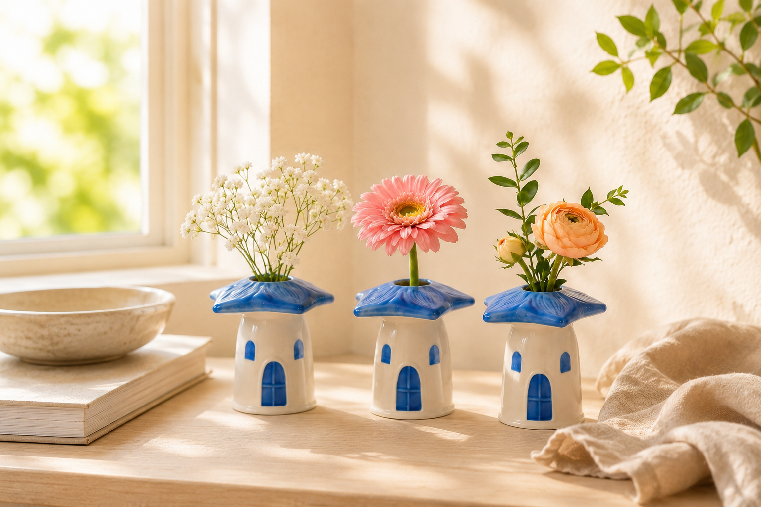 Three blue-roof white ceramic bud vases with cut flowers on a sunlit windowsill