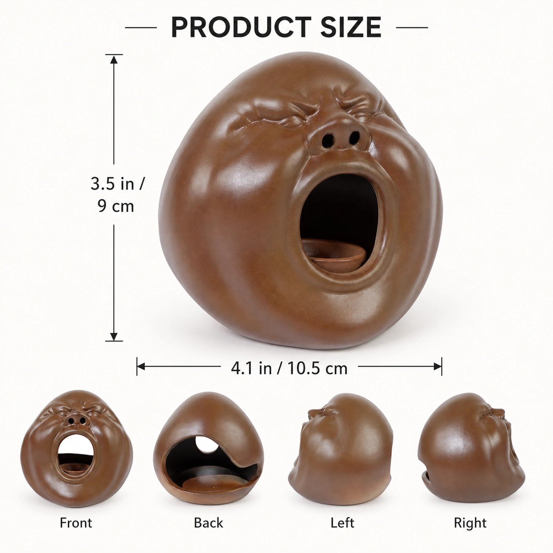 Brown expressive face incense holder verified dimensions and four views