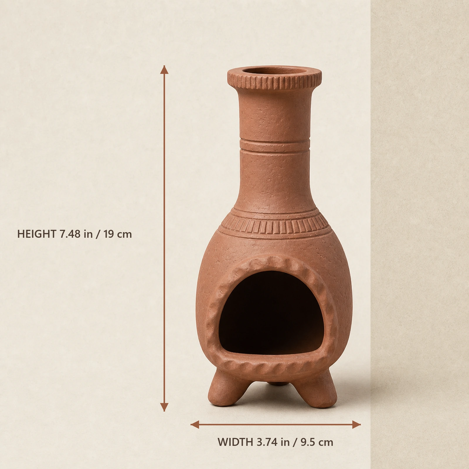 Warm terracotta holder dimension card showing 7.48 in / 19 cm total height and 3.74 in / 9.5 cm total width.