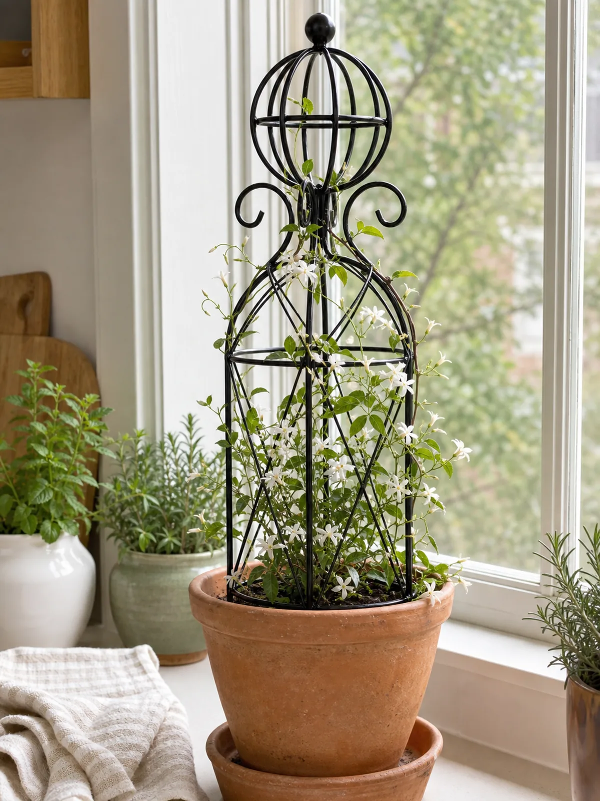 Black Metal Obelisk Trellis for Climbing Plants styling idea 3