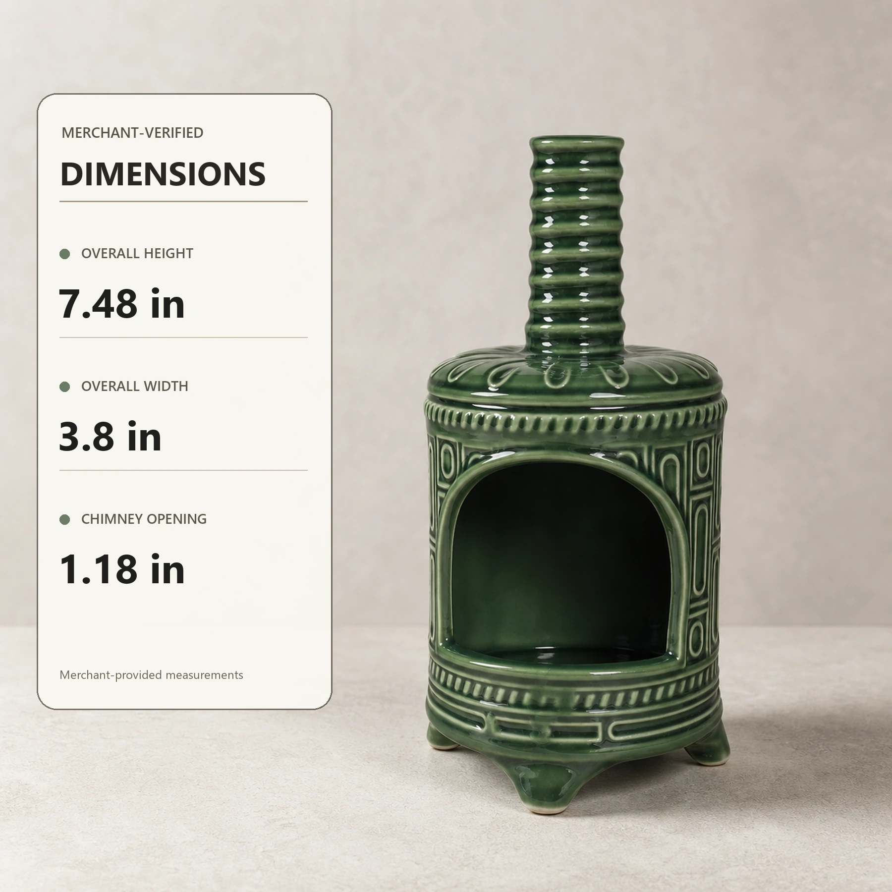 Green ceramic Palo Santo holder dimension card showing merchant-provided height, width, and chimney opening