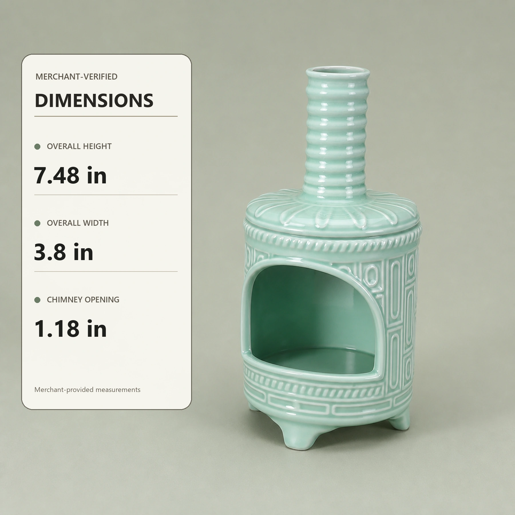 Light Green ceramic Palo Santo holder dimension card showing merchant-provided height, width, and chimney opening
