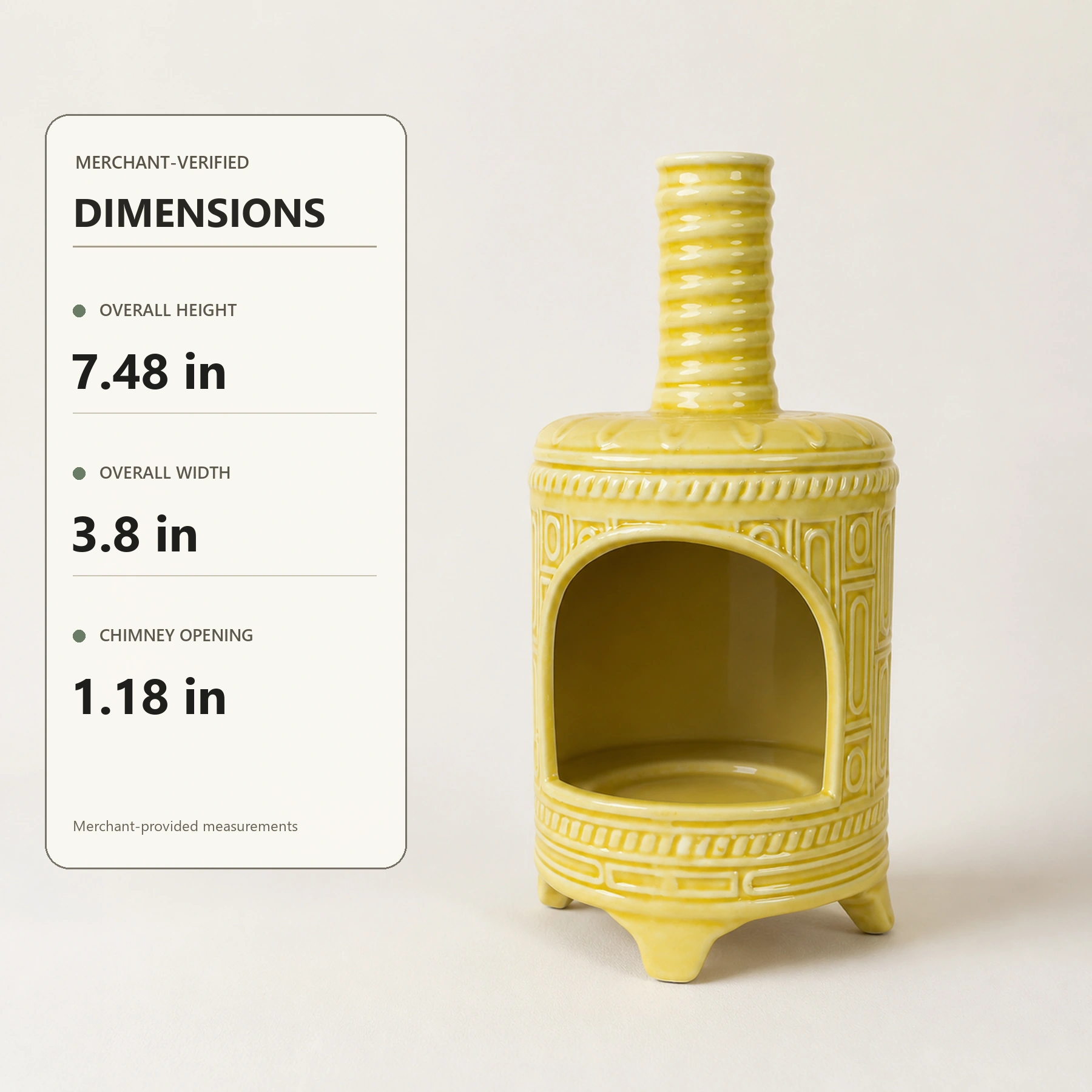 Yellow ceramic Palo Santo holder dimension card showing merchant-provided height, width, and chimney opening