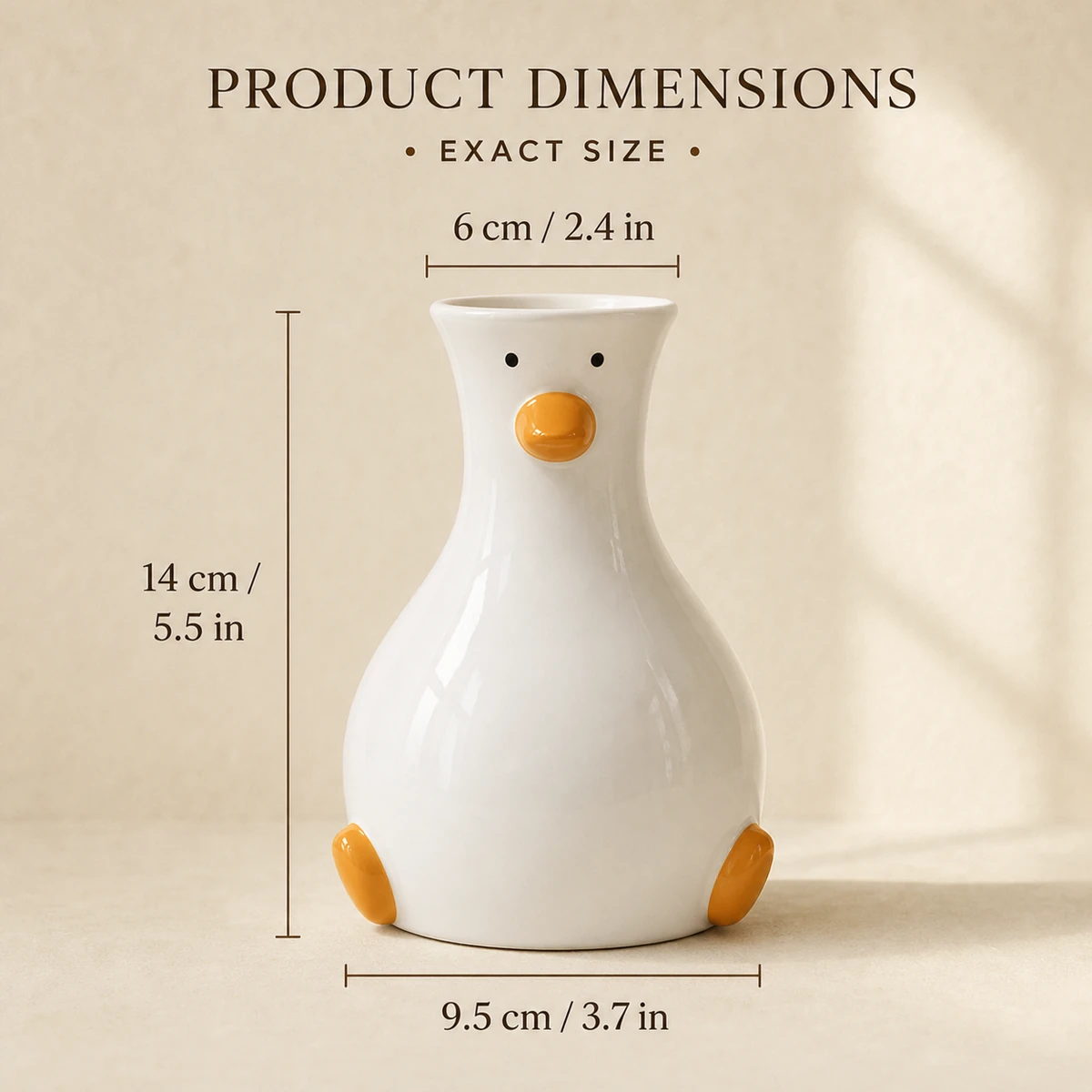 Ceramic duck vase dimensions: 14 cm high, 9.5 cm wide, 6 cm opening