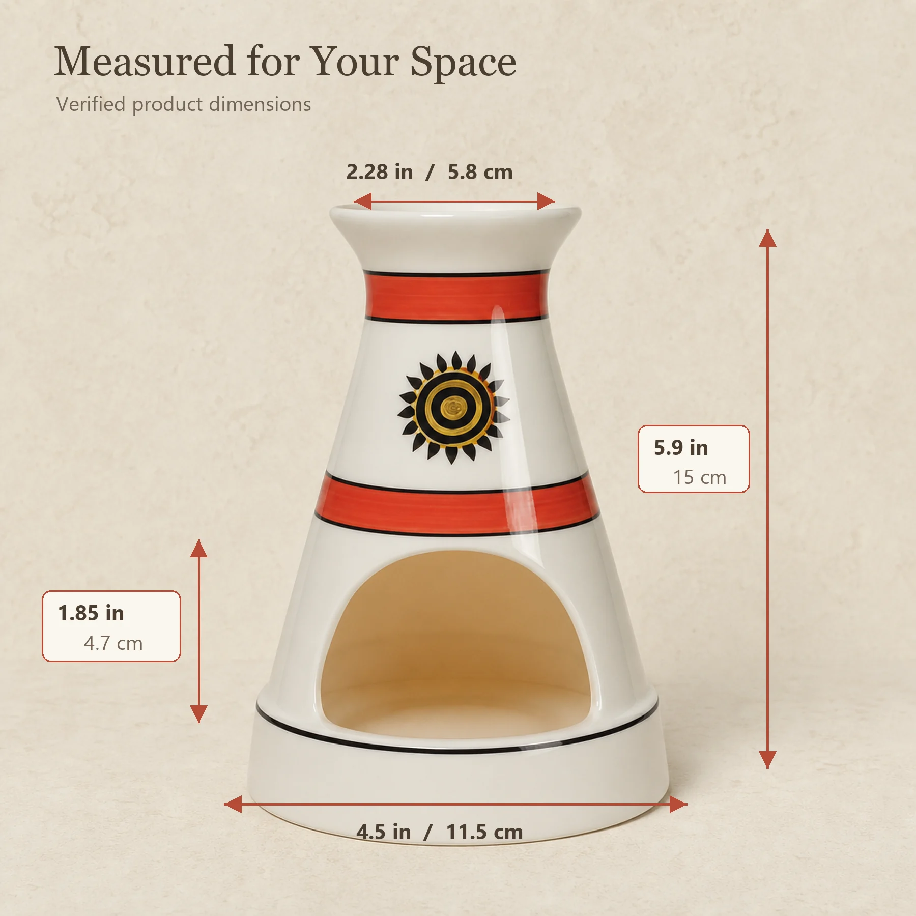 White ceramic sun motif Palo Santo holder verified dimensions