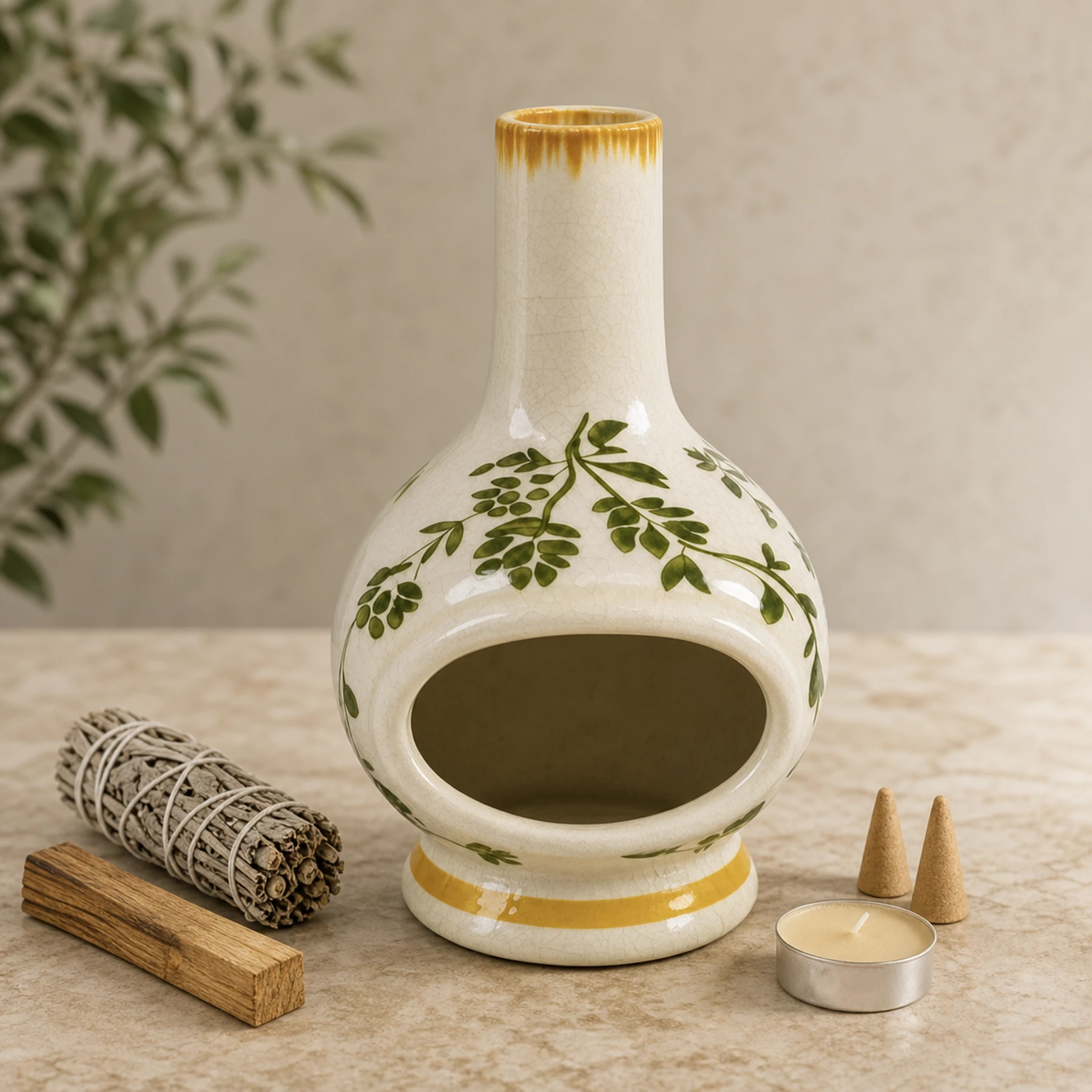 Botanical ceramic holder with compatible incense materials