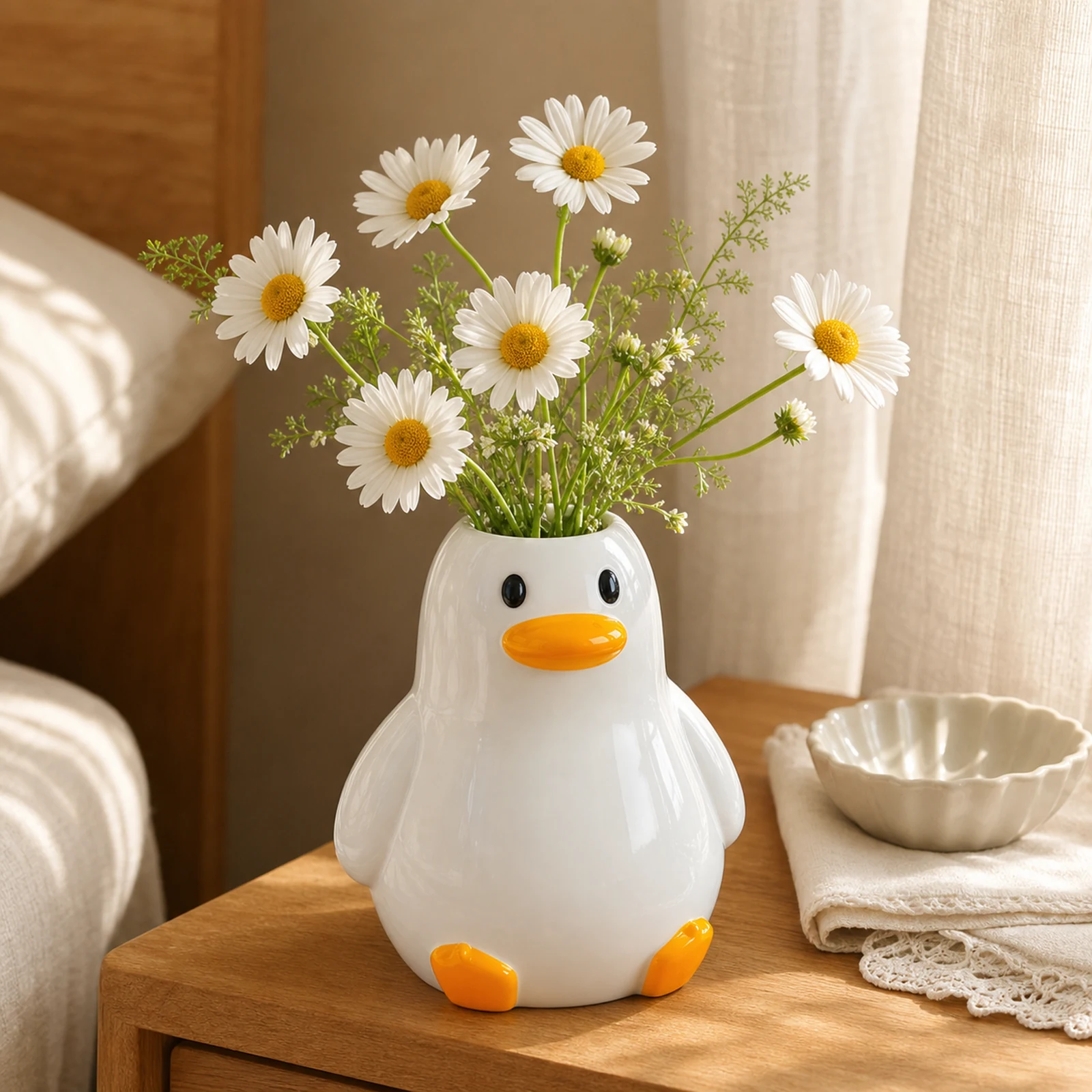 MOUGIGI handcrafted ceramic duck vase with white daisies on nightstand