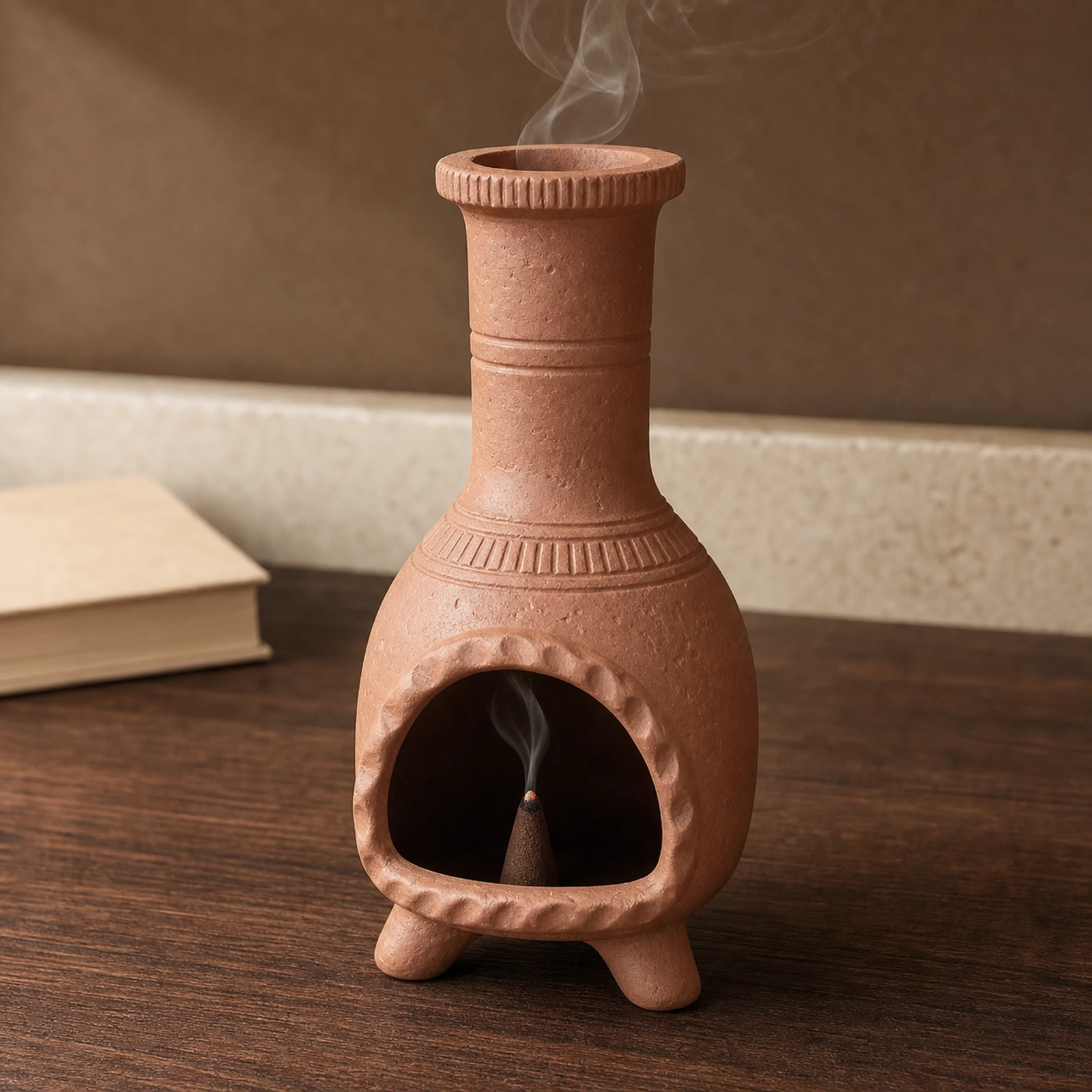 Warm terracotta holder with a tapered incense cone smoldering inside and thin smoke exiting the real top chimney.