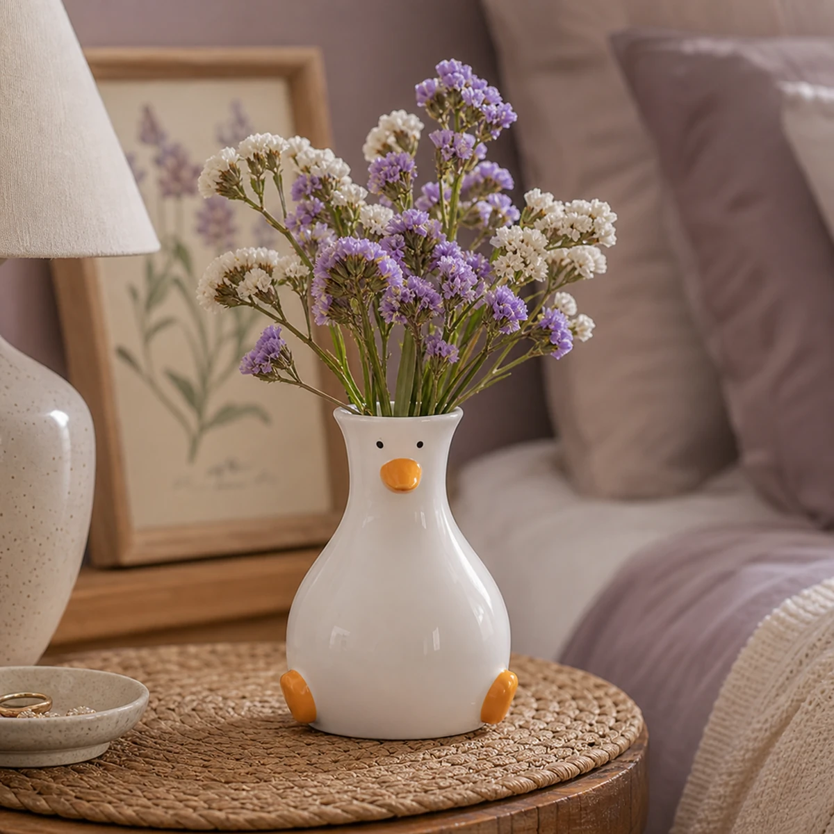 Ceramic duck vase with lavender statice on a bedroom nightstand