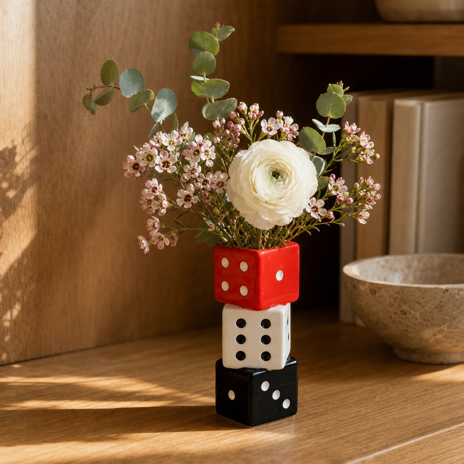 Stacked Ceramic Dice Vase – Red, White and Black – image 4
