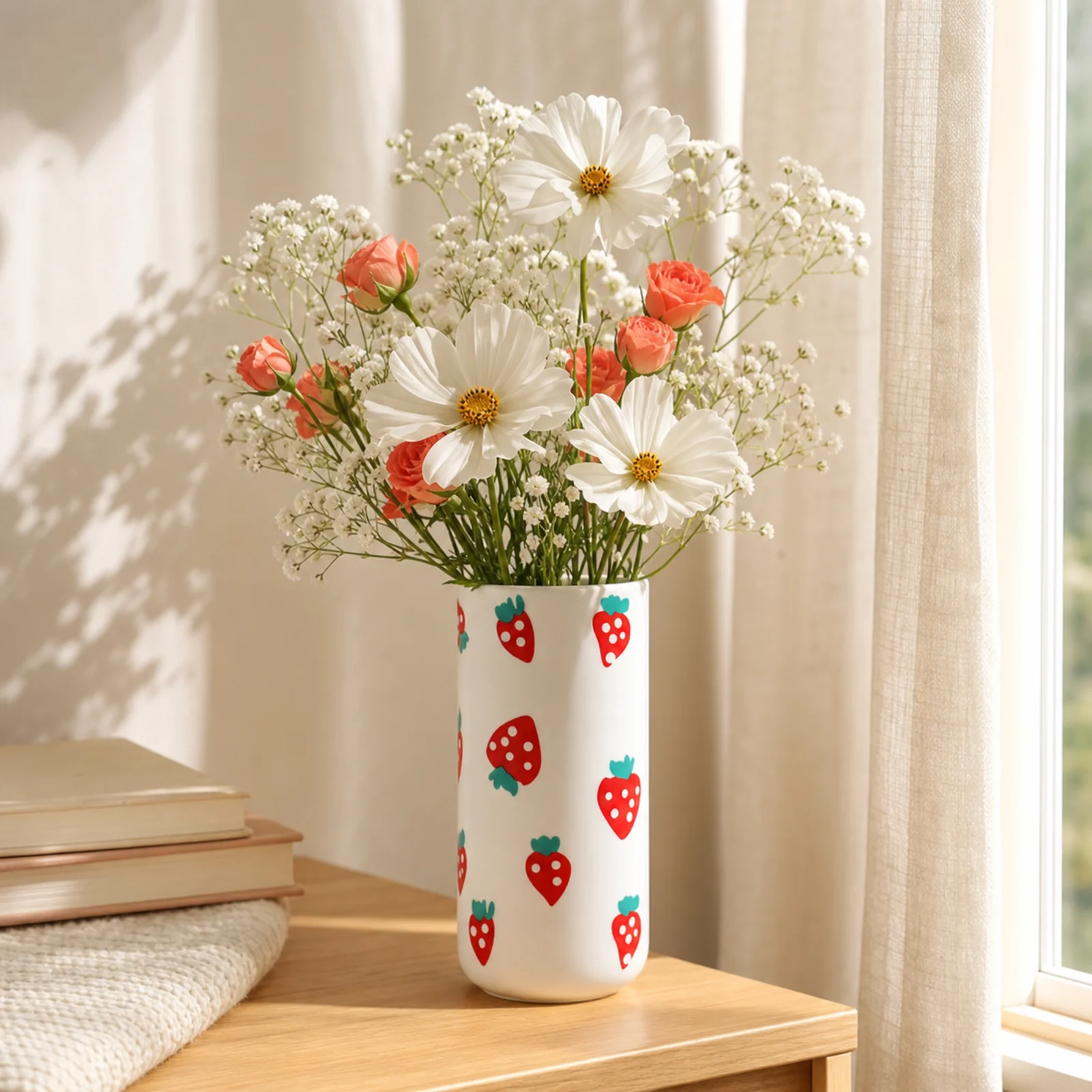 MOUGIGI strawberry ceramic vase with white cosmos on a window shelf