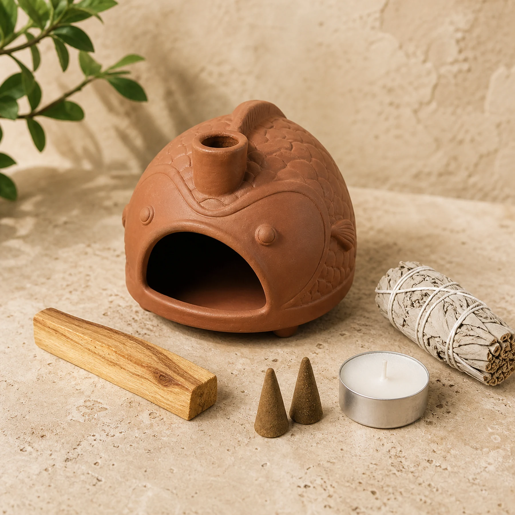 Terracotta fish holder with compatible incense materials