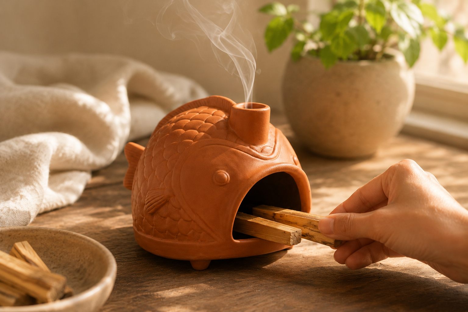 Terracotta fish-shaped incense burner with Palo Santo sticks on a rustic wooden table by the window