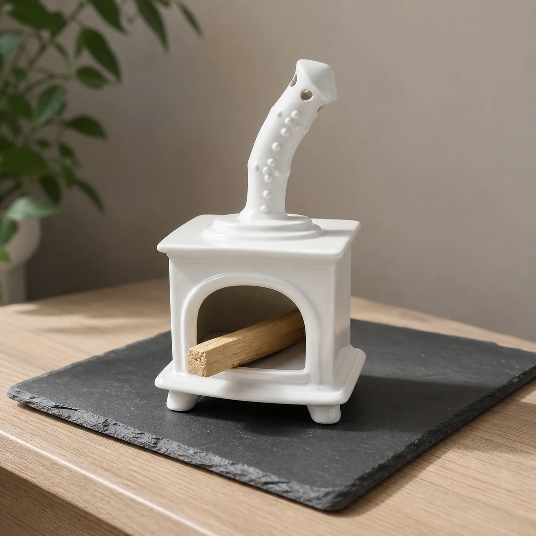 White ceramic fireplace incense holder with unlit Palo Santo placed in the open hearth