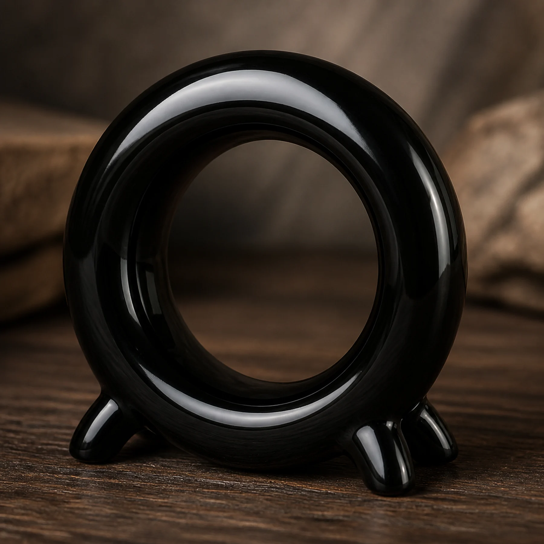 Glossy black ceramic ring holder glaze and four-foot detail