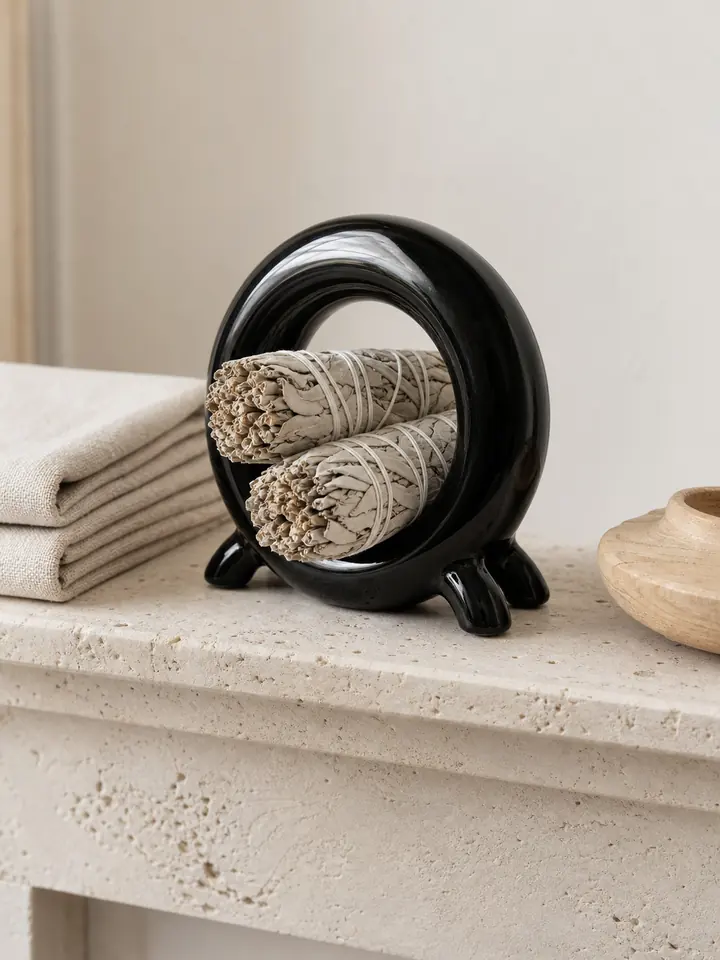 Glossy Black Ceramic Palo Santo & Sage Storage Holder styling idea 5