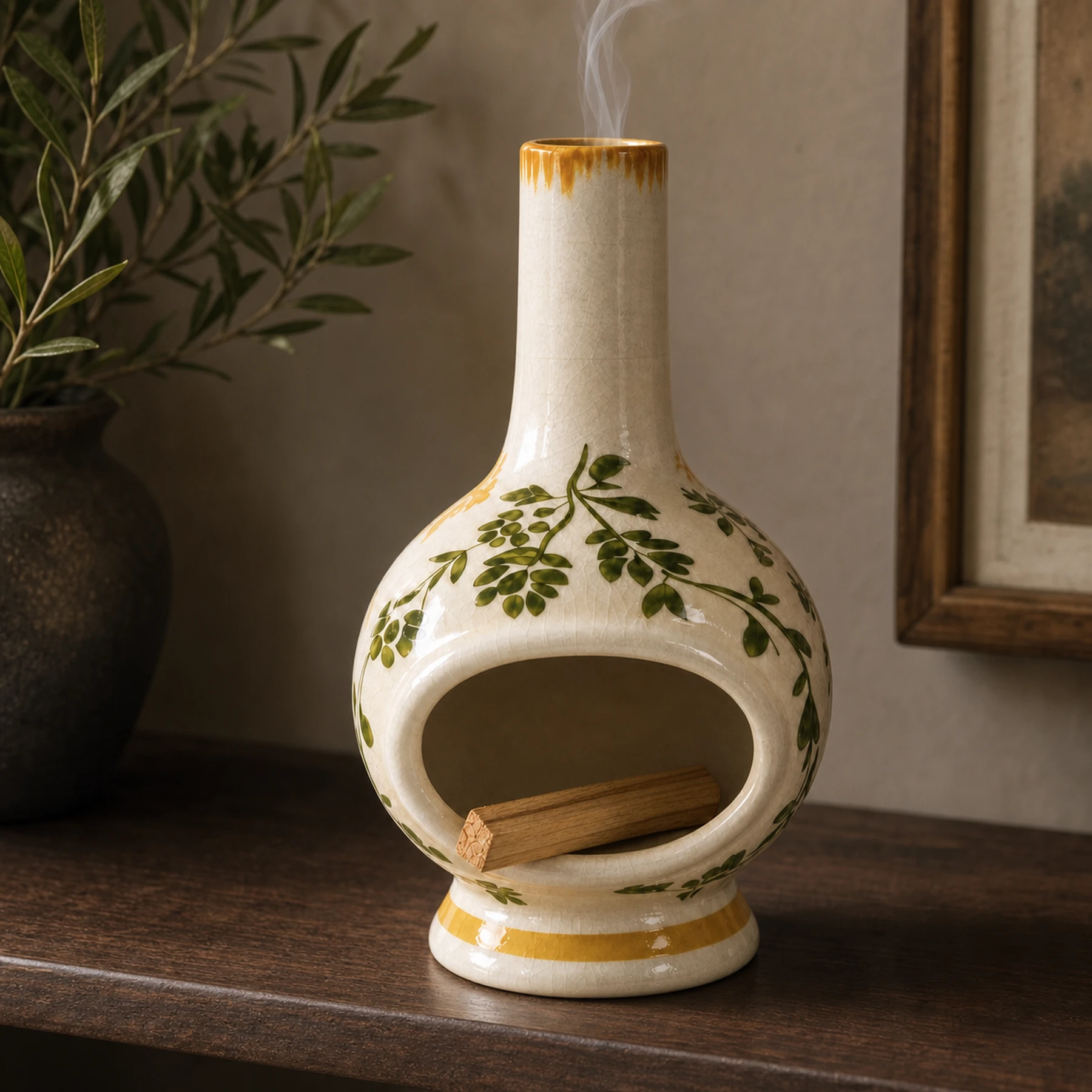 Botanical ceramic holder with inward-facing Palo Santo ember