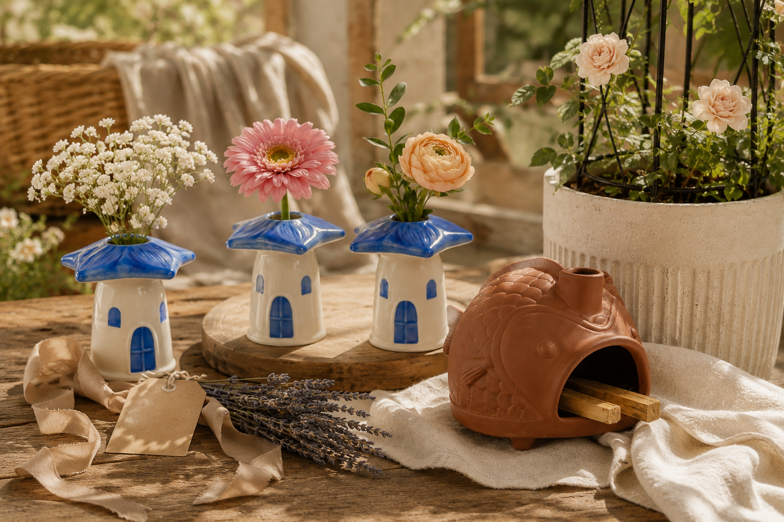 Curated plant-lover gift set with blue-roof ceramic vases, terracotta fish incense burner, and black trellis in warm sunlit home setting