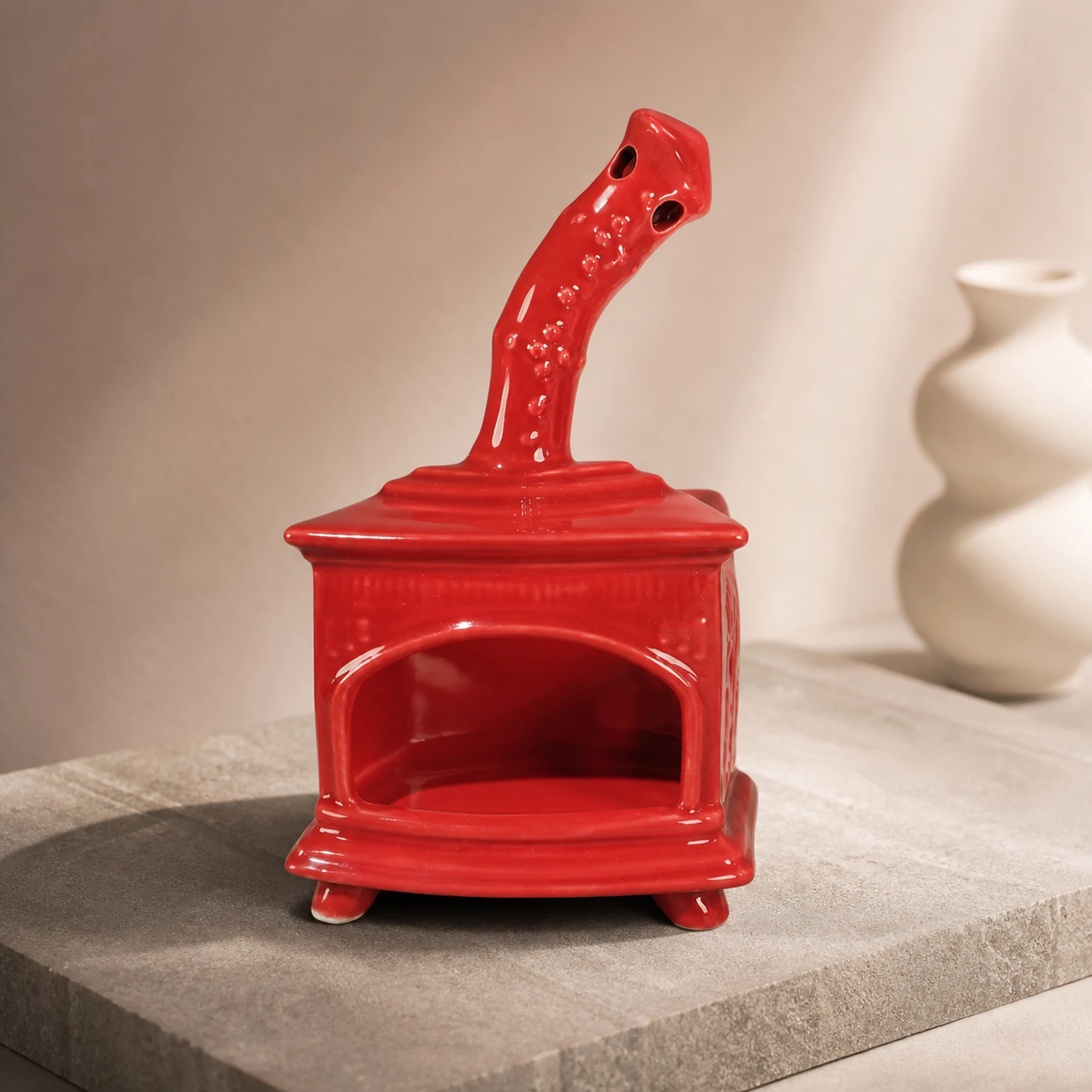 Red ceramic fireplace incense holder curved chimney and glaze detail