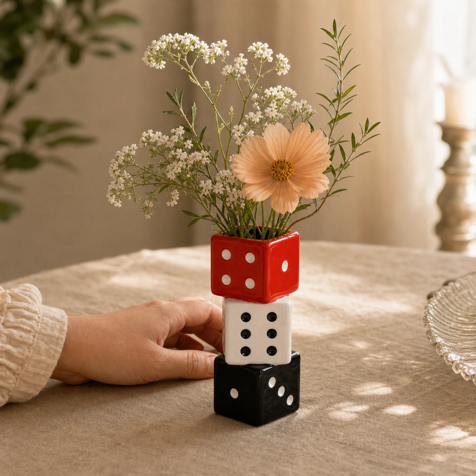 Stacked Ceramic Dice Vase – Red, White and Black – image 5