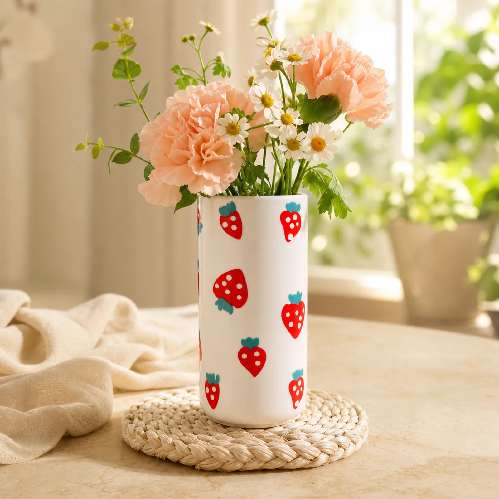 MOUGIGI strawberry ceramic vase with peach carnations and chamomile