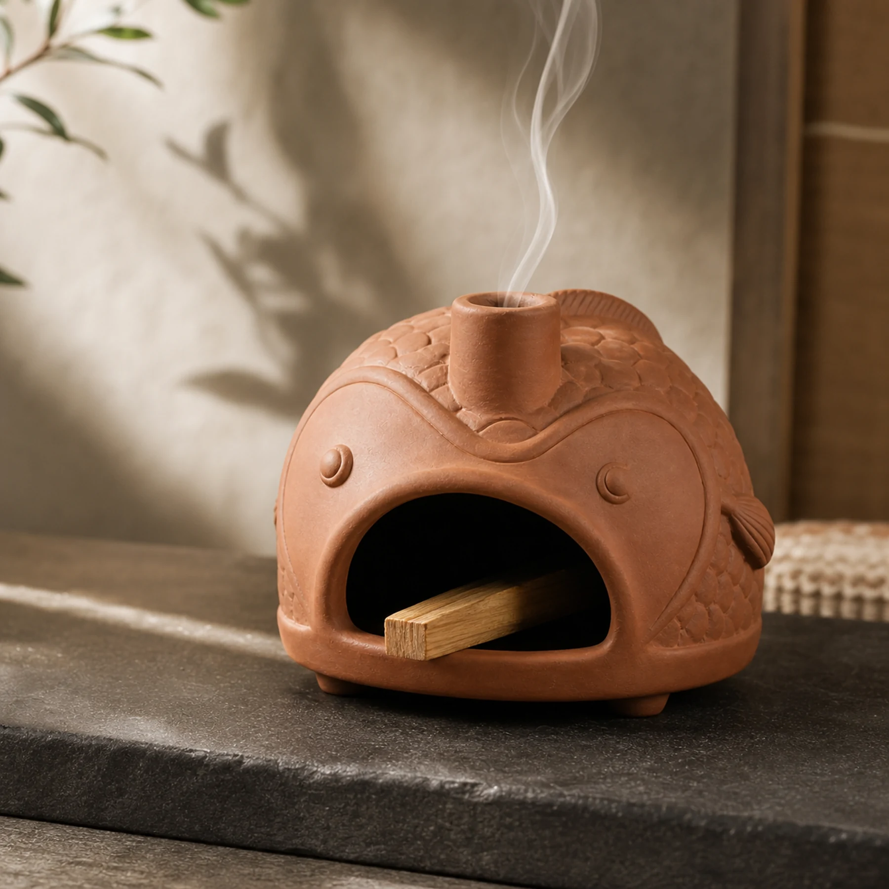 Terracotta fish holder with inward-facing Palo Santo ember