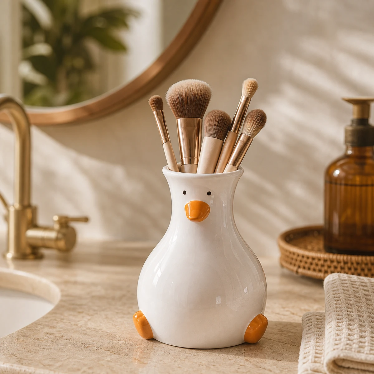 Ceramic duck vase holding makeup brushes on a warm vanity