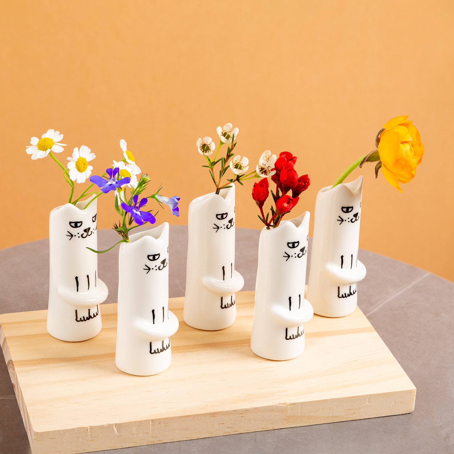 Set of 5 Handmade Ceramic Cat Vases - Mini Floral Decor
