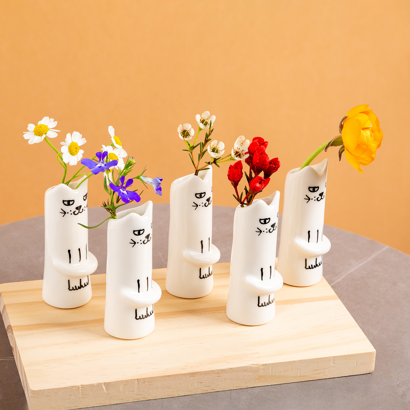 Set of 5 Handmade Ceramic Cat Vases - Mini Floral Decor