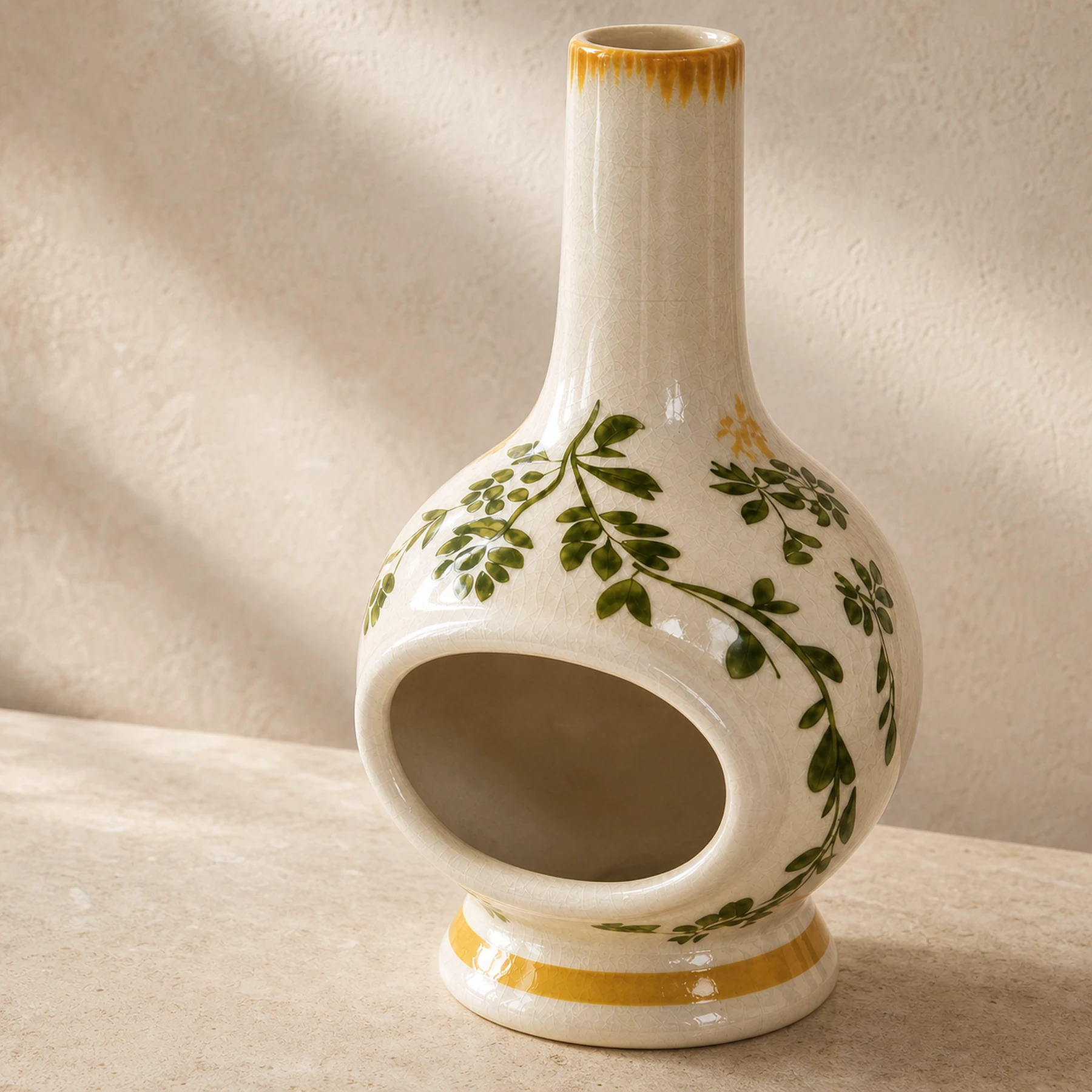Botanical ceramic incense holder crackle glaze detail