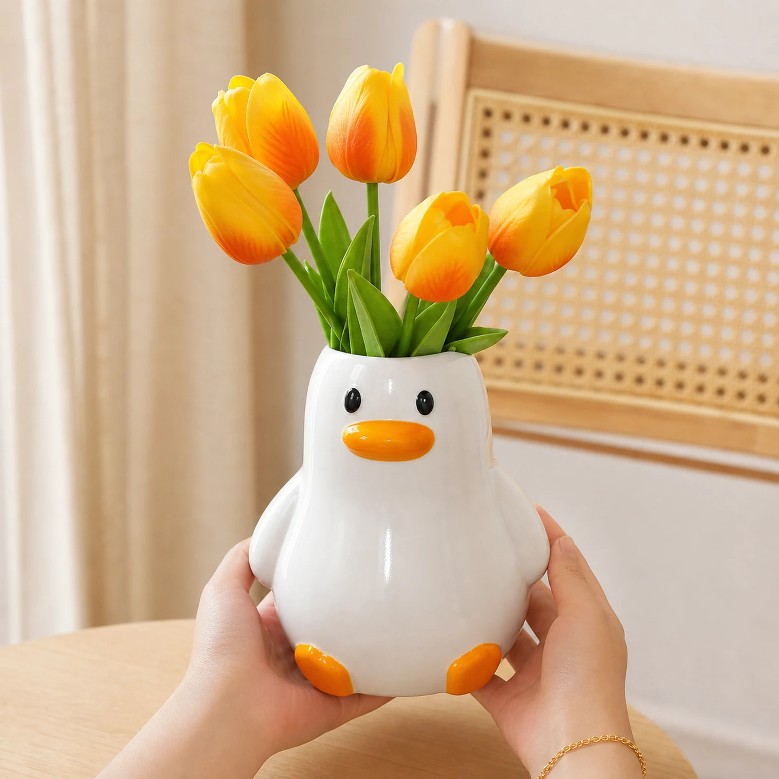 MOUGIGI handcrafted ceramic duck vase with yellow tulips hand scale scene
