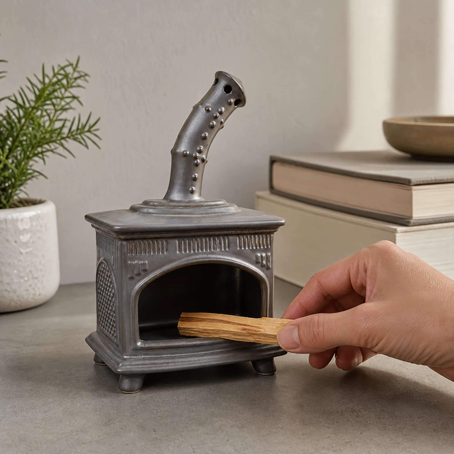 Copper Gray ceramic fireplace incense holder with a hand placing unlit Palo Santo for scale