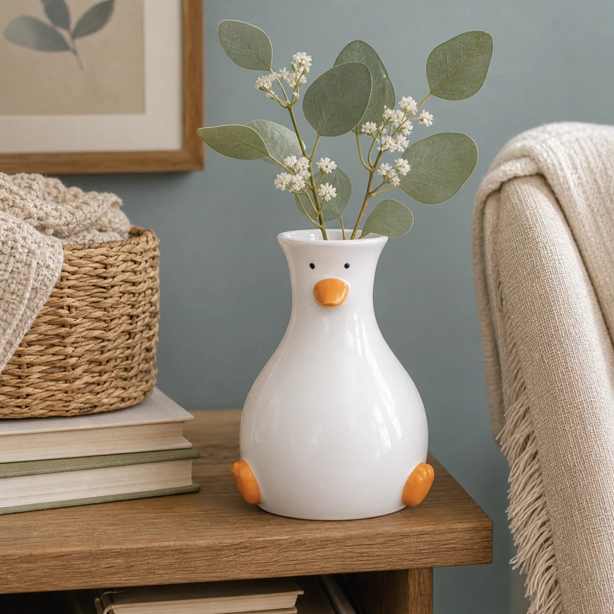 Ceramic duck vase with eucalyptus in a blue reading nook
