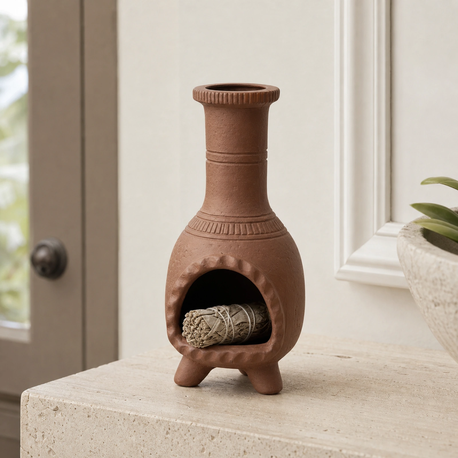 Warm terracotta incense holder with an unlit sage bundle resting inside the arched opening.