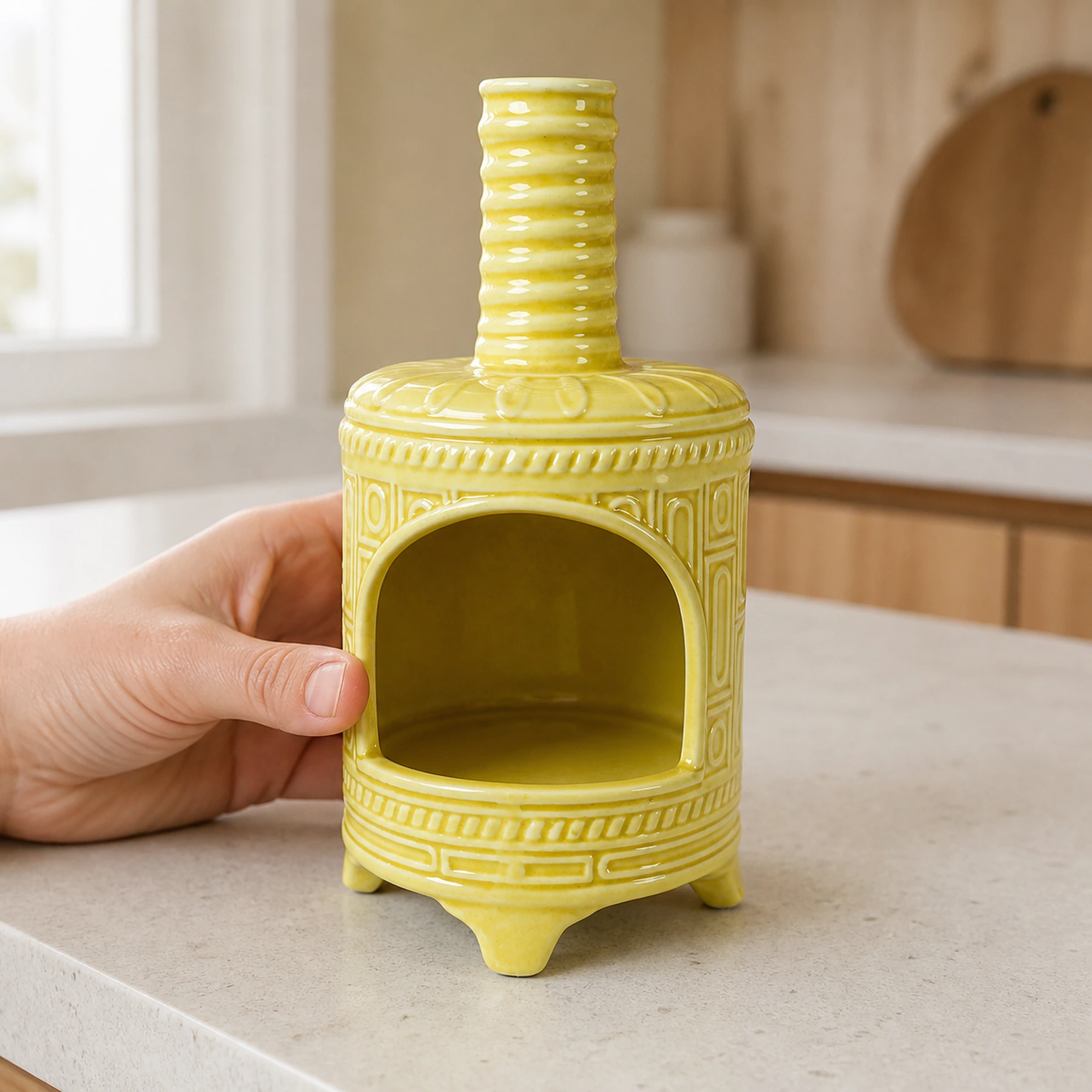 Yellow ceramic incense burner shown with an adult hand for tabletop scale