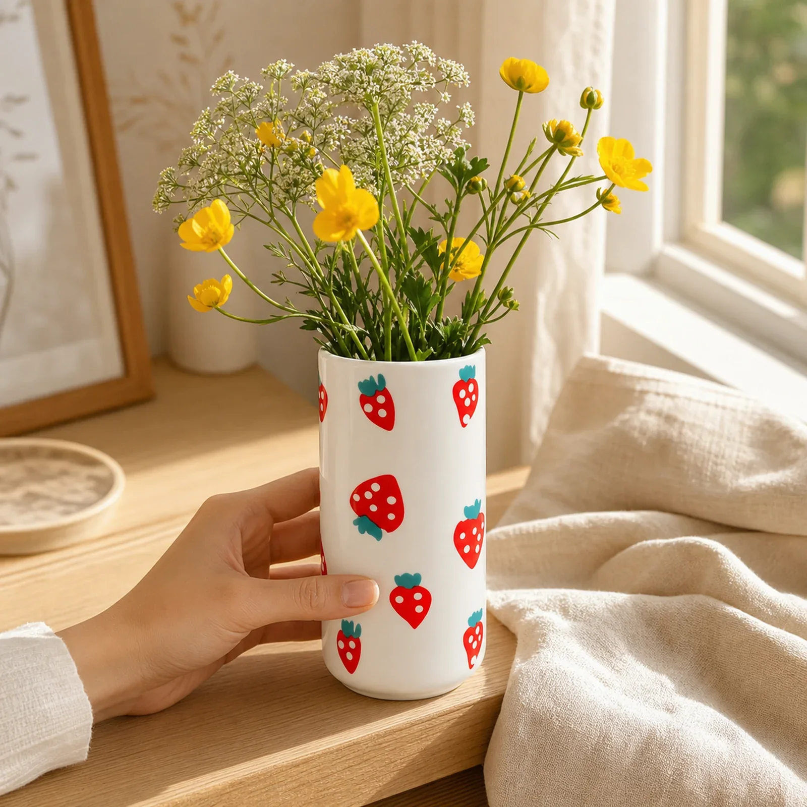 MOUGIGI strawberry ceramic vase with yellow buttercups hand scale scene
