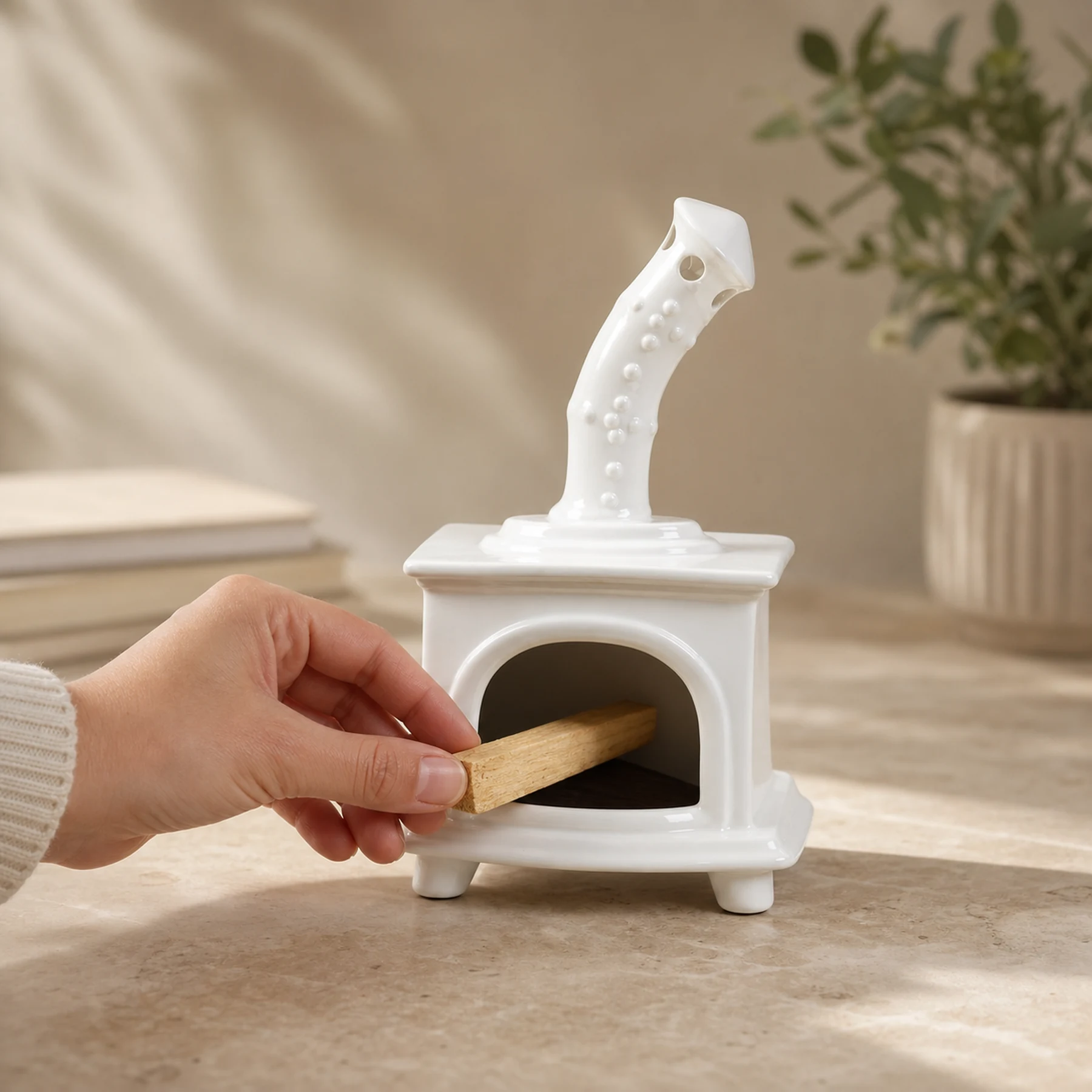 White ceramic fireplace incense holder with a hand placing unlit Palo Santo for scale