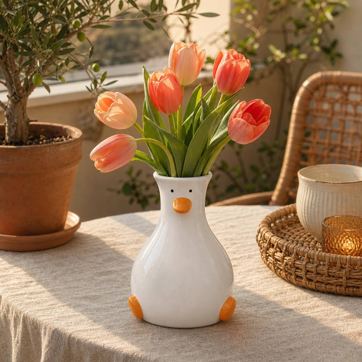 Ceramic duck vase with coral tulips on a sunny balcony