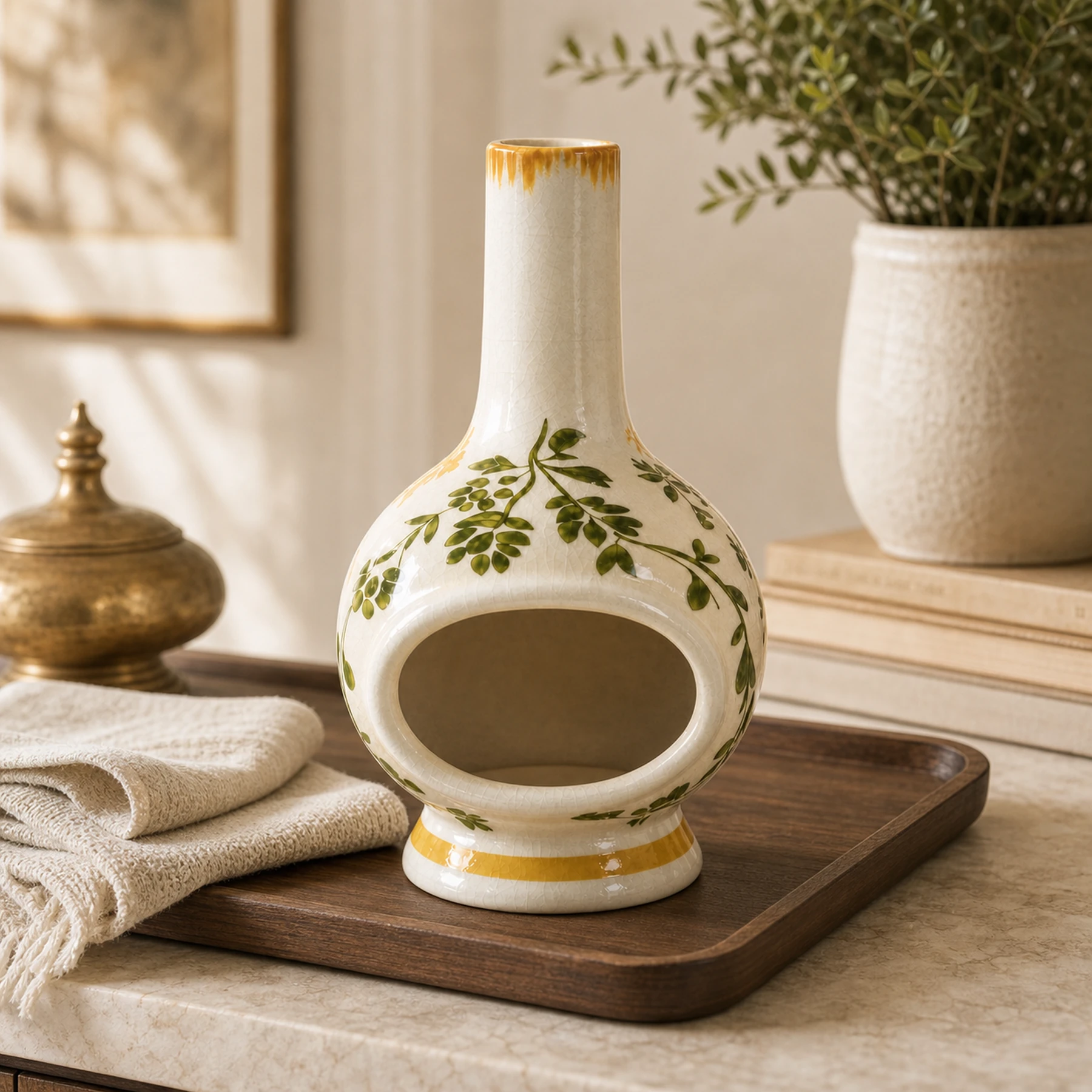 Botanical ceramic holder styled on a dark oak tray