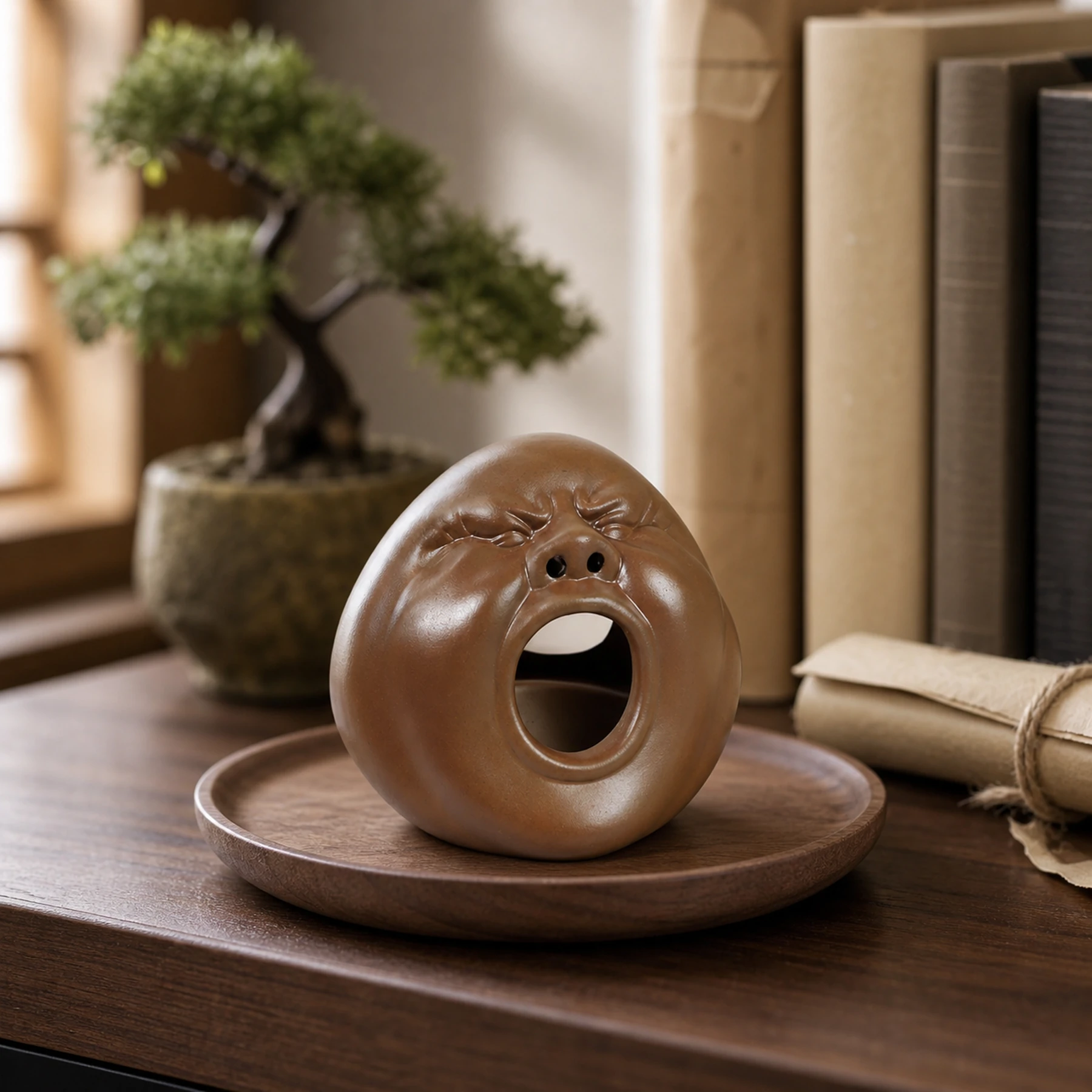 Brown ceramic face holder styled on a home office shelf