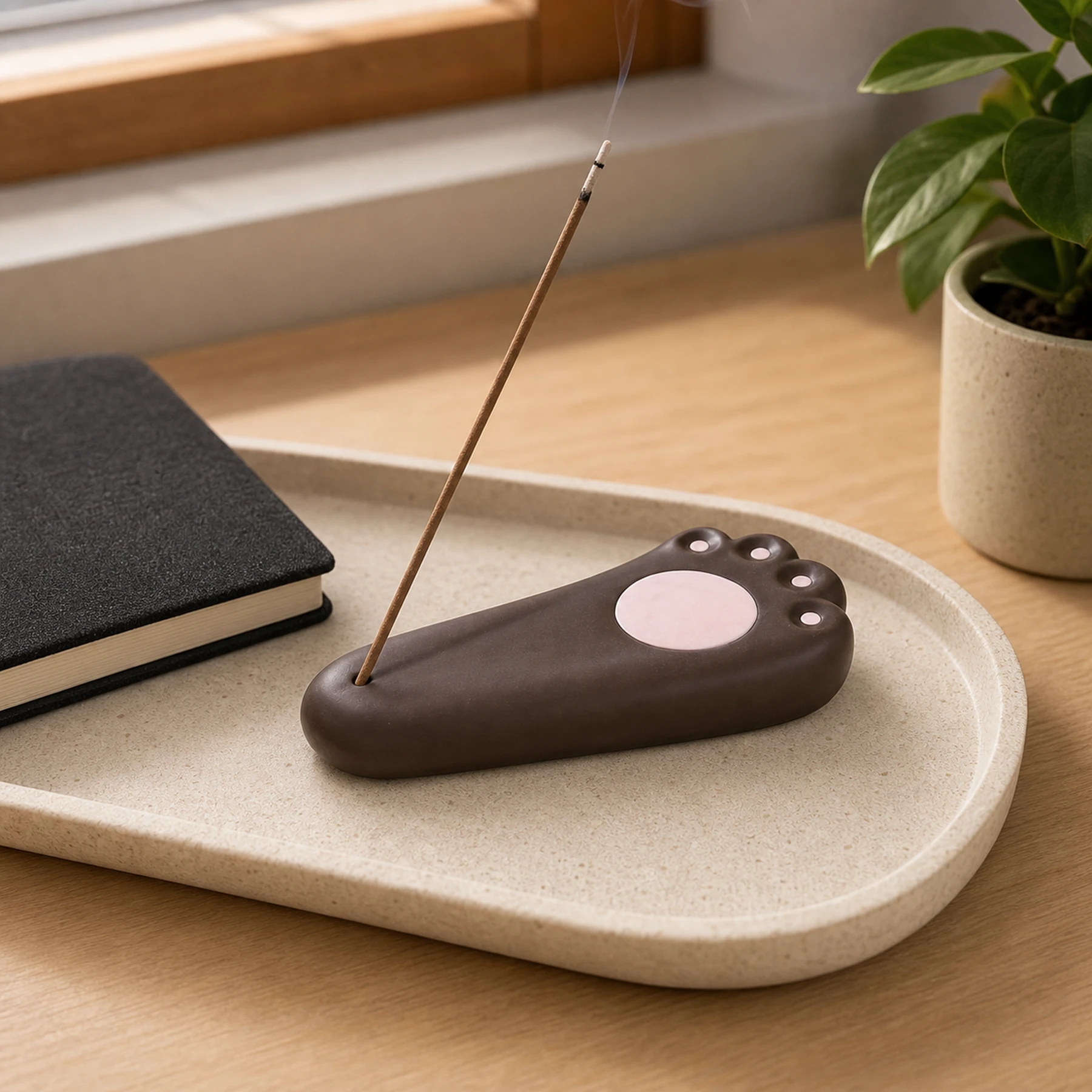 Dark brown cat paw stick incense holder in a realistic home setting