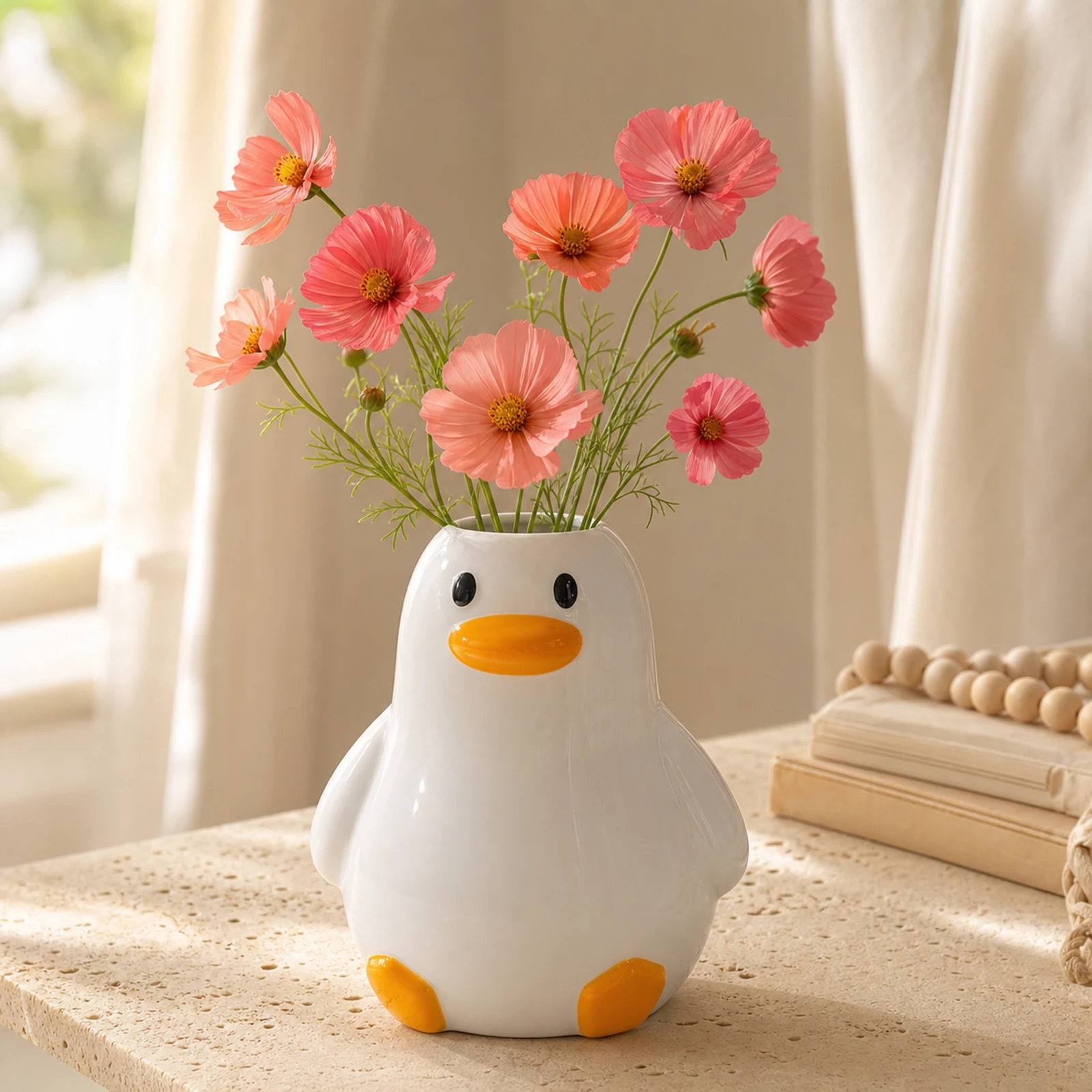 MOUGIGI handcrafted ceramic duck vase with coral cosmos on stone console