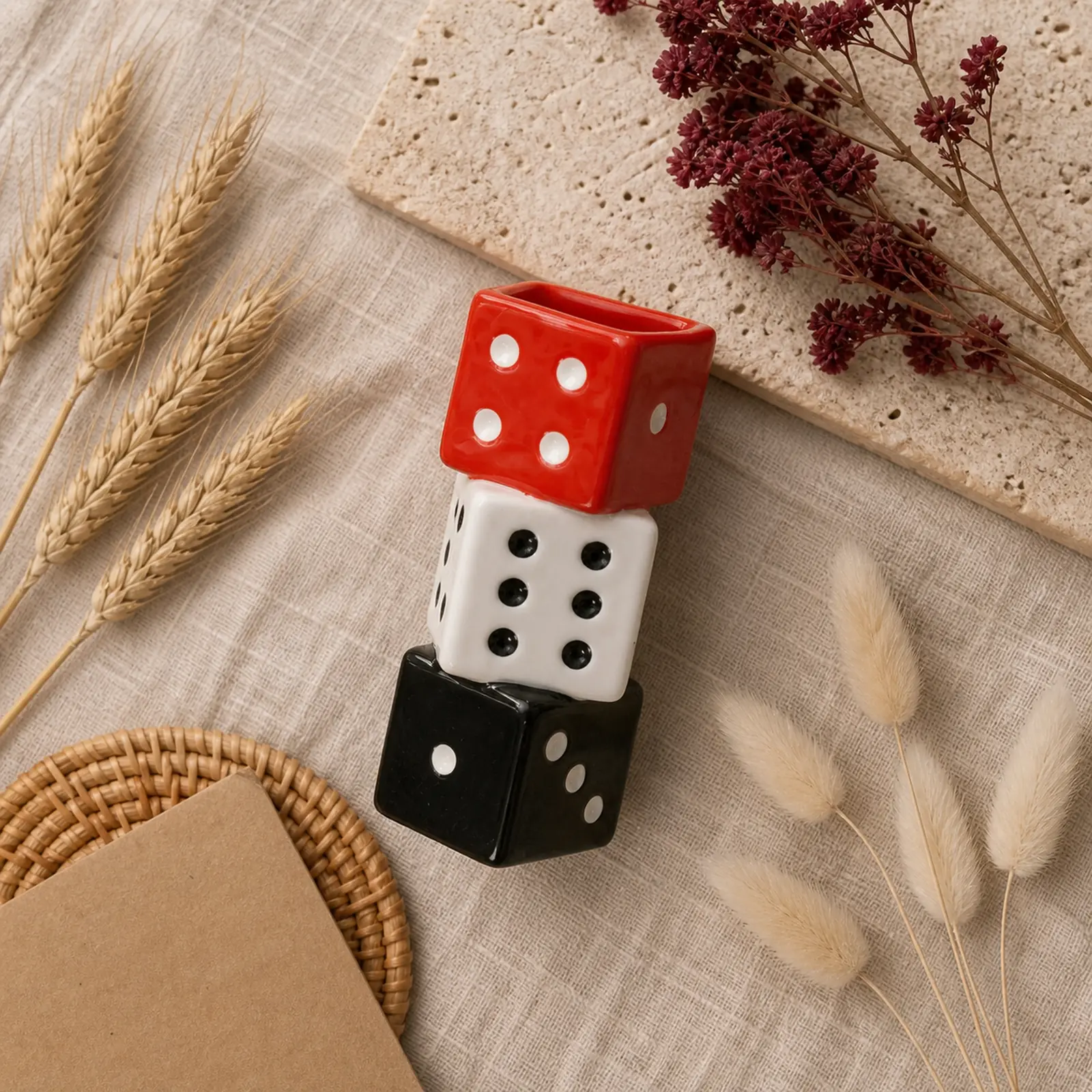 Stacked Ceramic Dice Vase – Red, White and Black – image 7