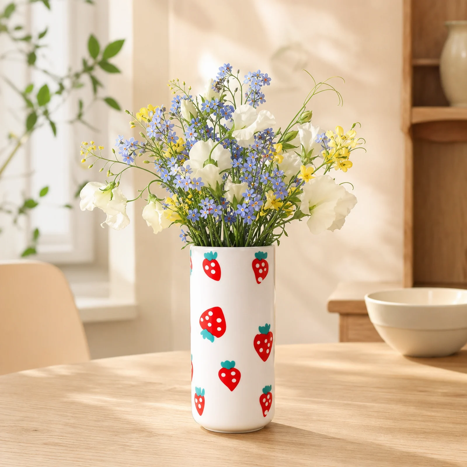 MOUGIGI strawberry ceramic vase with blue forget-me-nots on a kitchen table