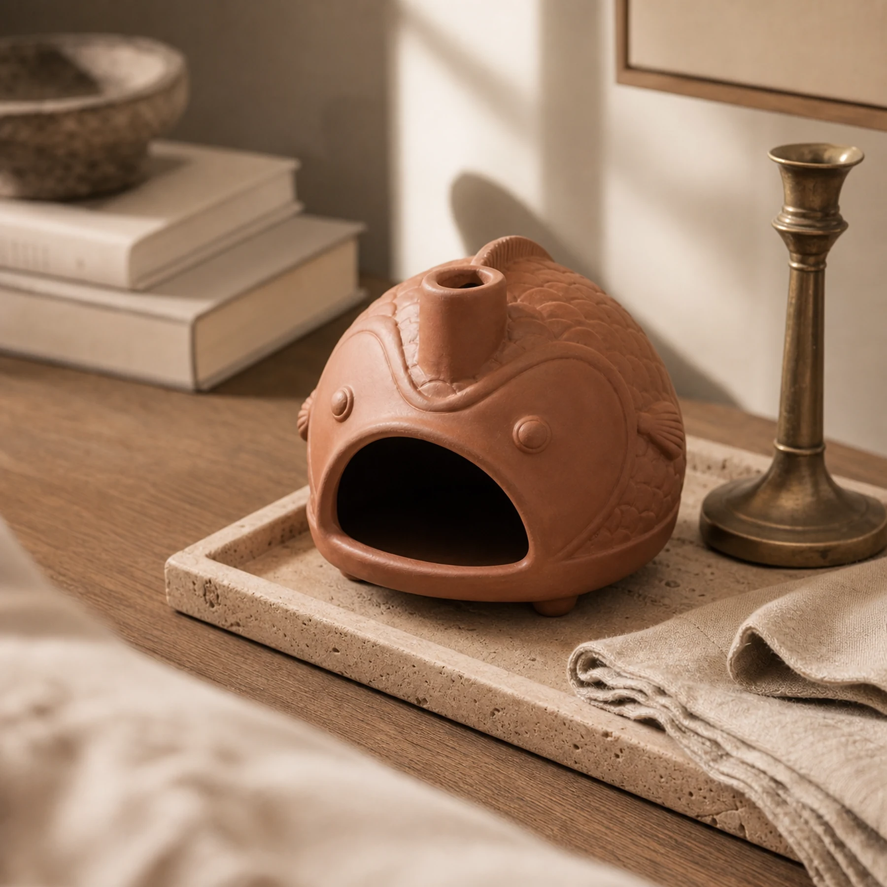 Terracotta fish holder styled on a bedroom dresser