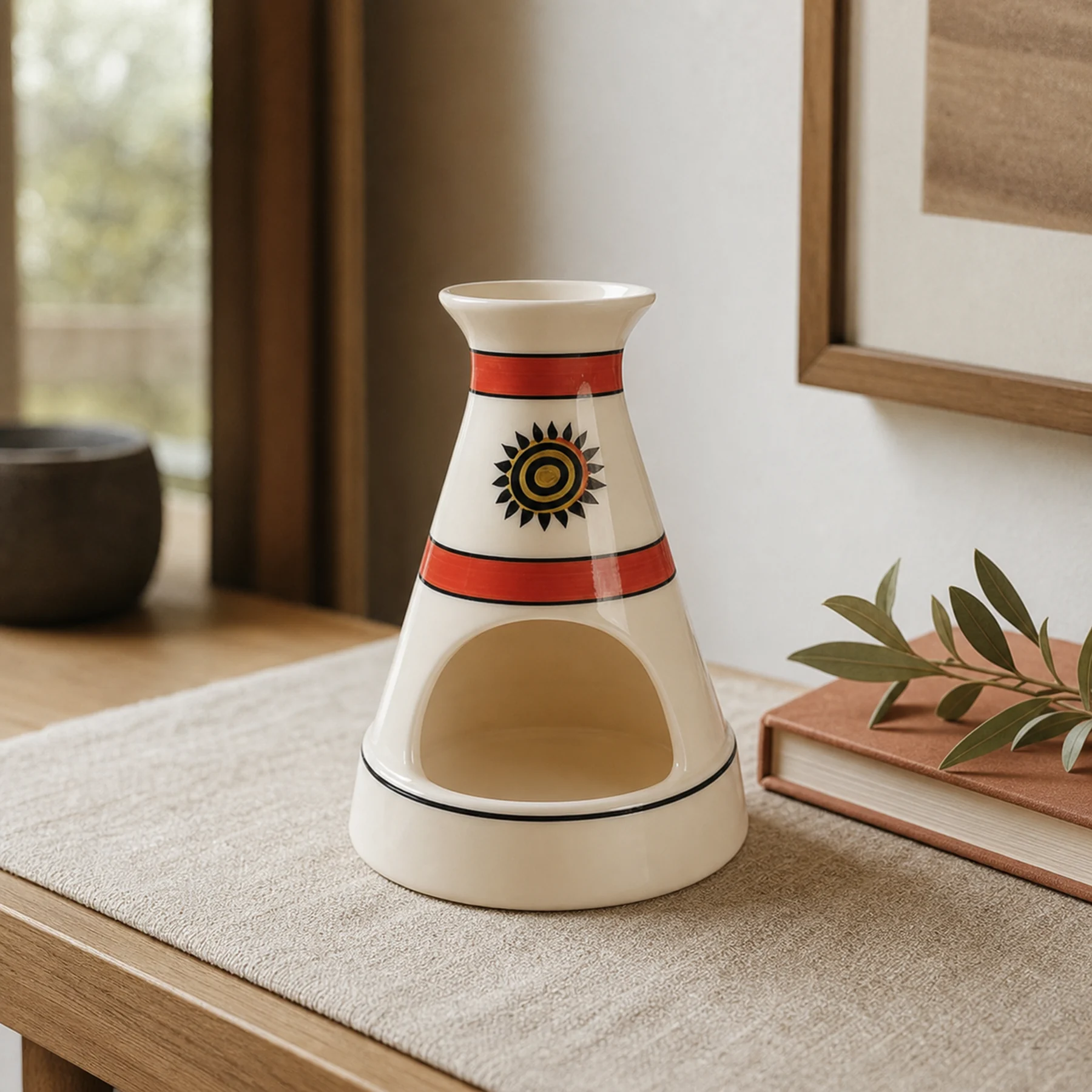 White ceramic sun motif incense holder styled on a pale wood console